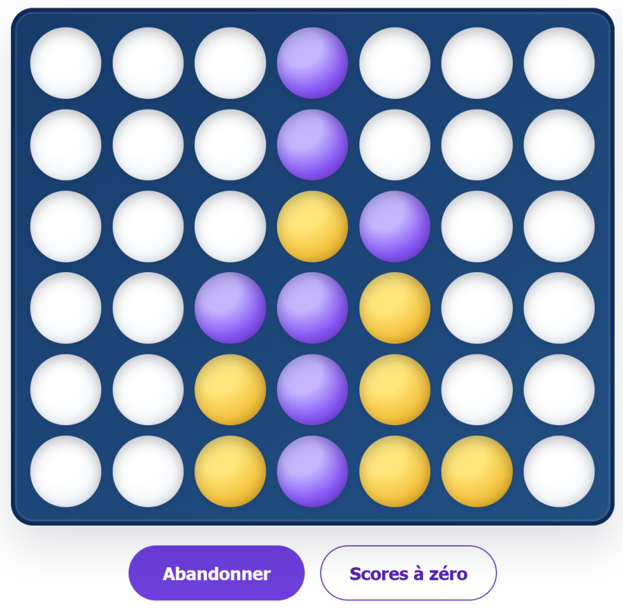Partie de Puissance 4 sur AppErgo avec des jetons jaunes et violets sur une grille de 7 colonnes