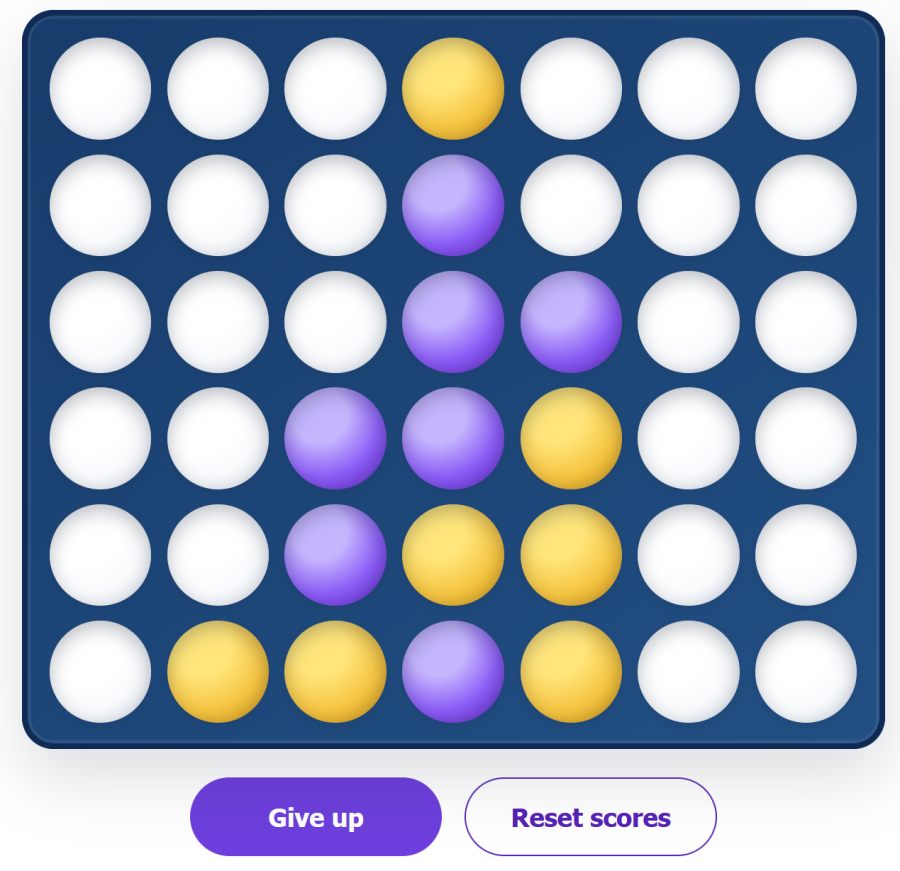 Connect Four game on AppErgo with yellow and purple pieces on a 7-column grid
