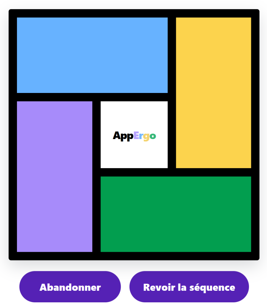 Jeu Simon sur AppErgo avec quatre zones colorées à mémoriser et reproduire dans le bon ordre