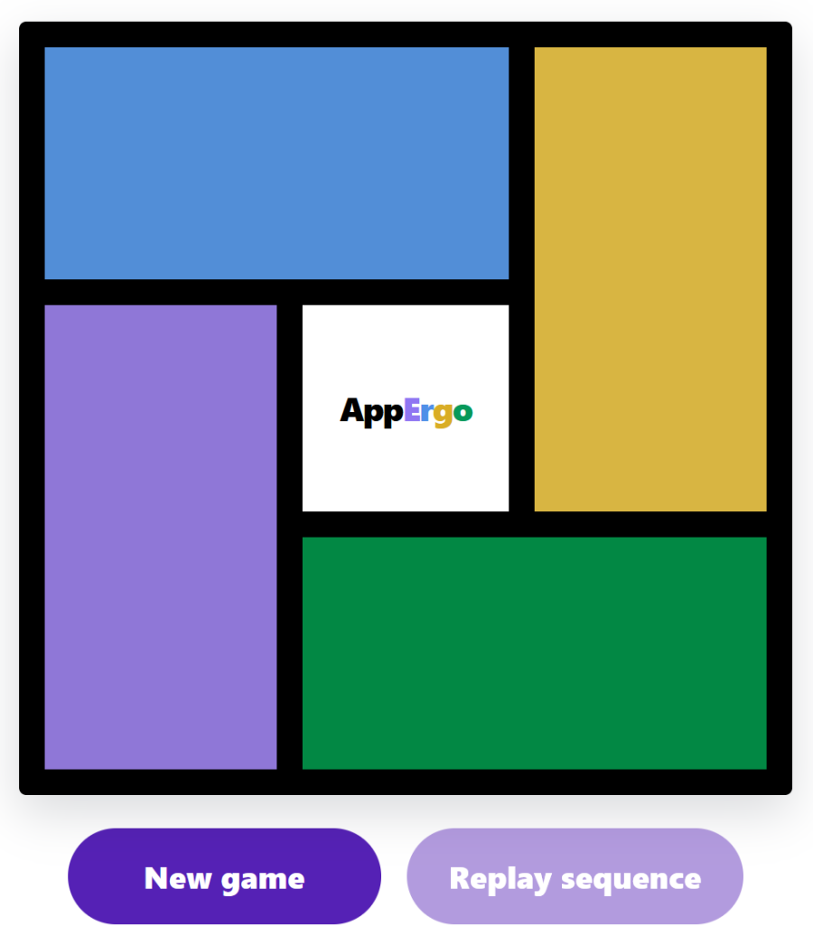 Simon game on AppErgo with four colored areas used to memorize and reproduce a sequence