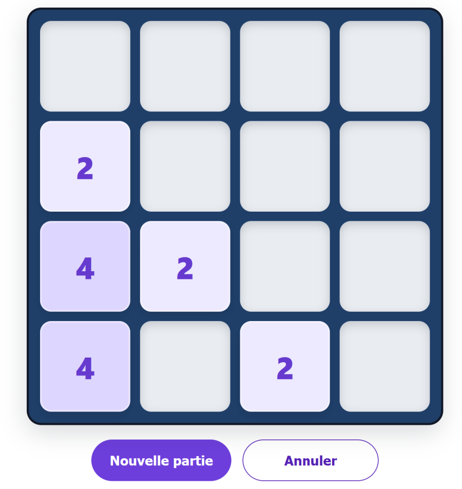 Jeu 2048 sur AppErgo avec plusieurs tuiles numérotées sur une grille de 4 par 4