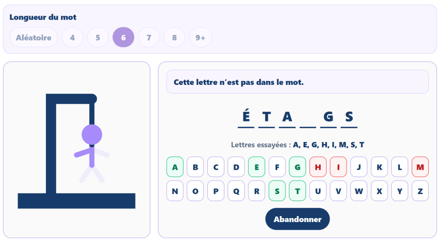 Jeu du pendu sur AppErgo avec un mot à deviner, les lettres essayées et le dessin du pendu