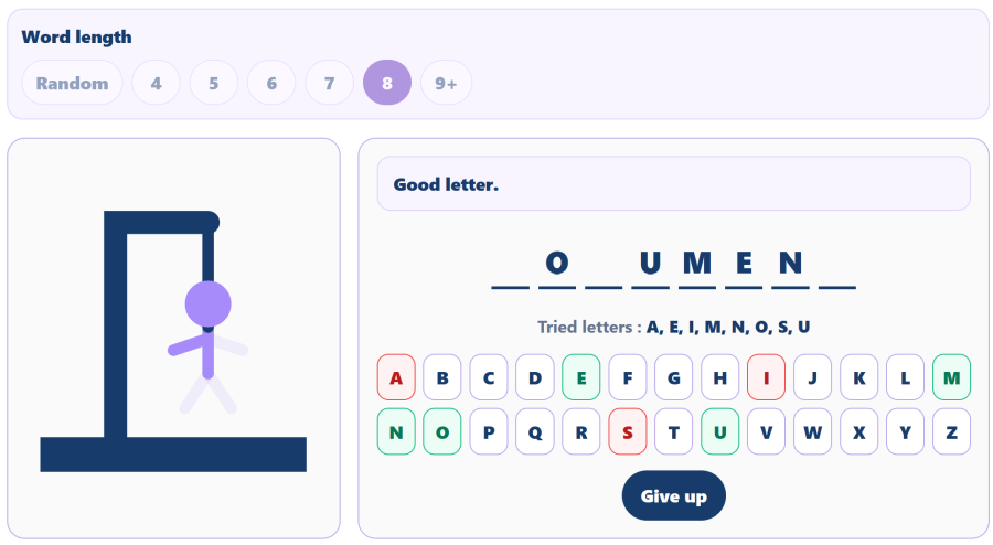 Hangman game on AppErgo with a word to guess, tried letters and the hangman drawing