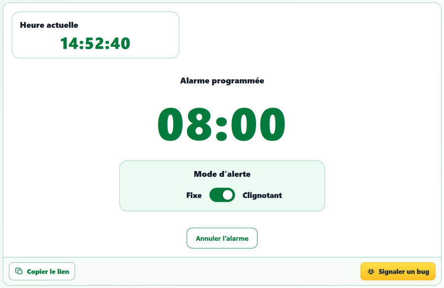 Alarme visuelle AppErgo réglée sur 8:00 avec choix entre affichage fixe et clignotant