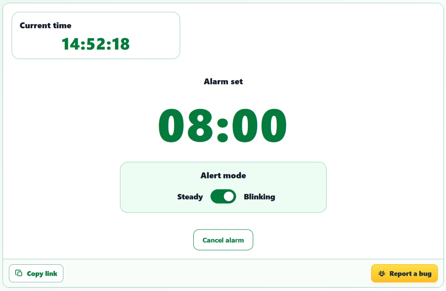 AppErgo visual alarm set for 8:00 with steady and blinking alert mode options