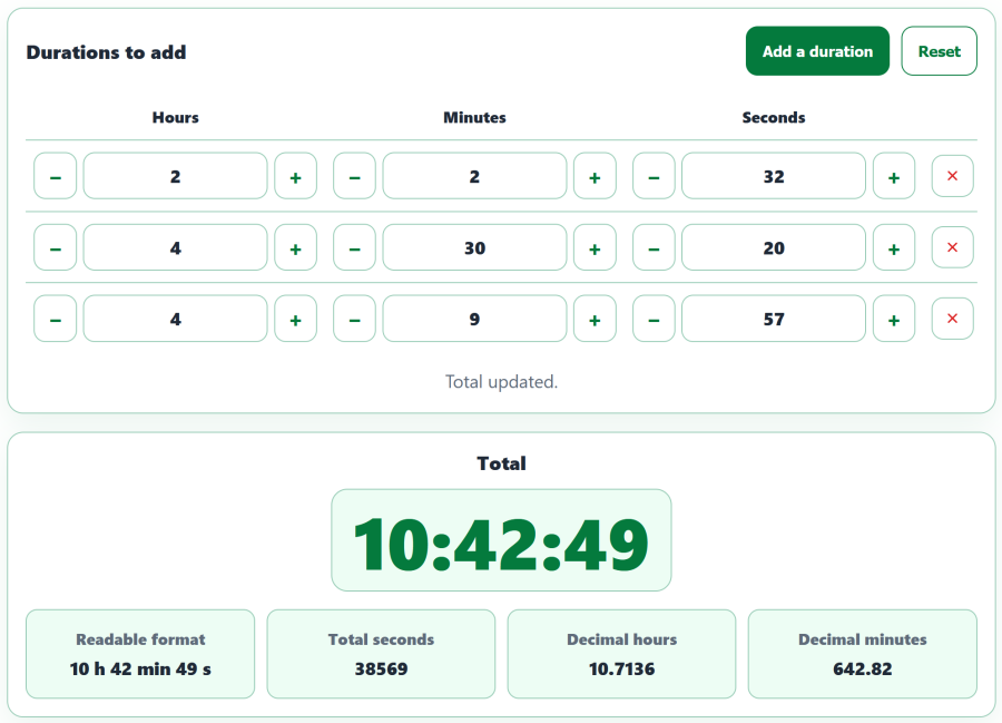 AppErgo duration adder totaling several values to obtain 10 hours 42 minutes and 49 seconds