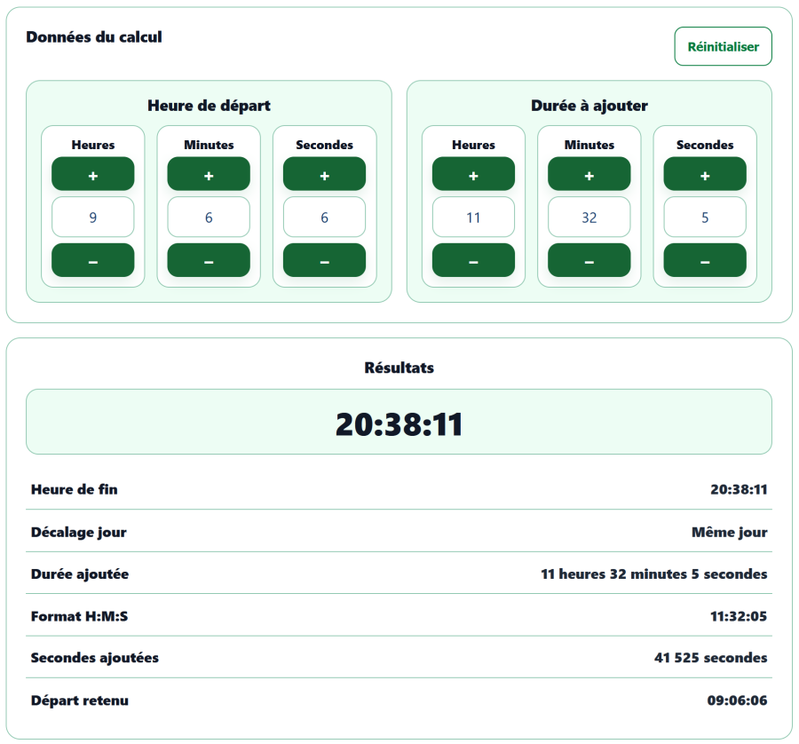 Calculateur d’heure de fin AppErgo affichant un résultat de 20:38:11 à partir d’une heure de départ et d’une durée