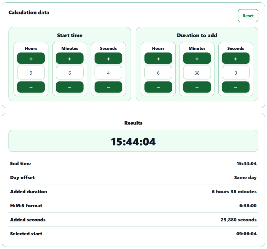 AppErgo end time calculator showing a result of 15:44:04 from a start time and an added duration