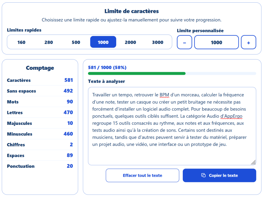 Compteur de texte AppErgo affichant en direct le nombre de caractères, mots, lignes, phrases et espaces