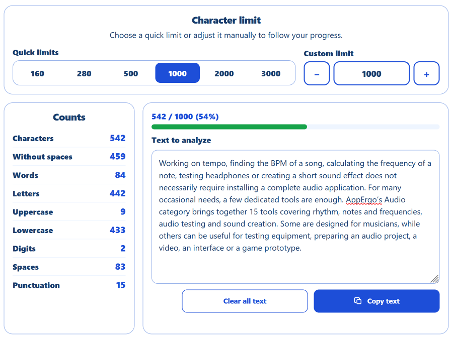AppErgo text counter showing live counts for characters, words, lines, sentences and spaces