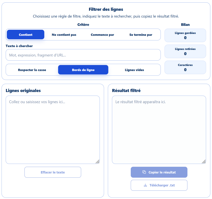Filtreur de lignes AppErgo avec options de recherche, de conservation ou d’exclusion des lignes d’un texte