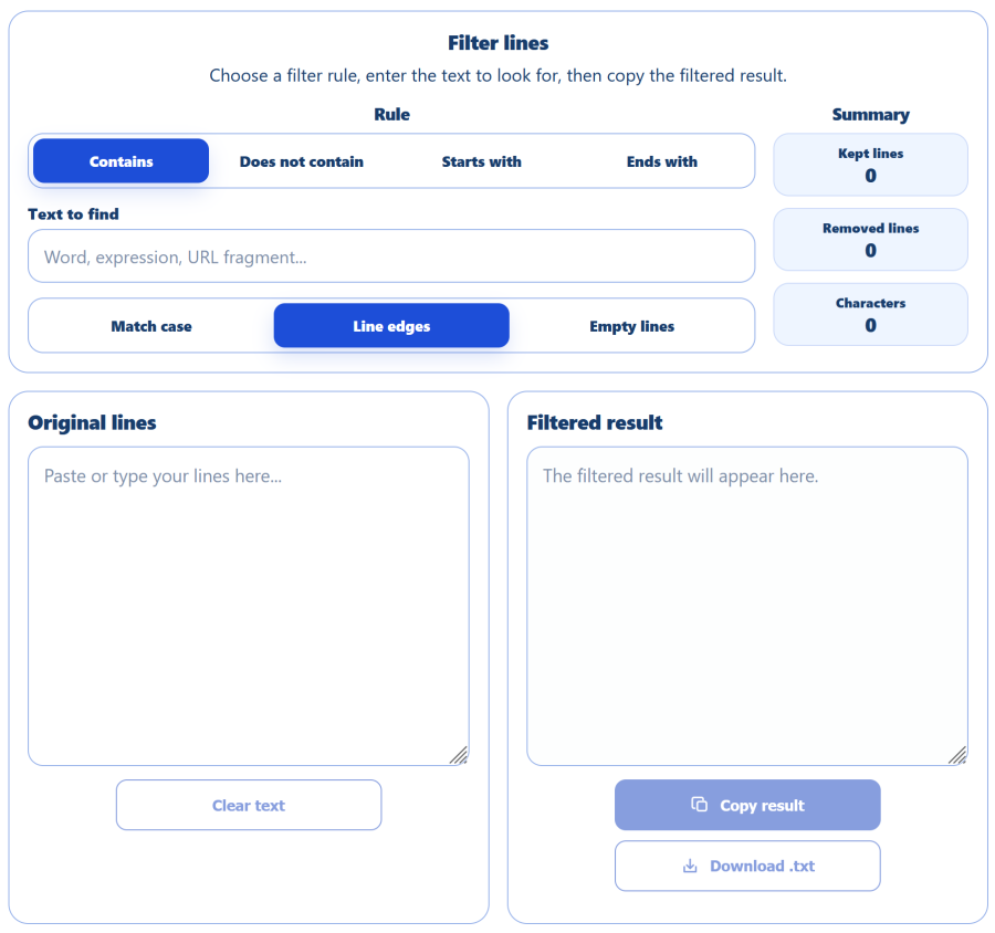 AppErgo line filter with options to search, keep or exclude lines from a text