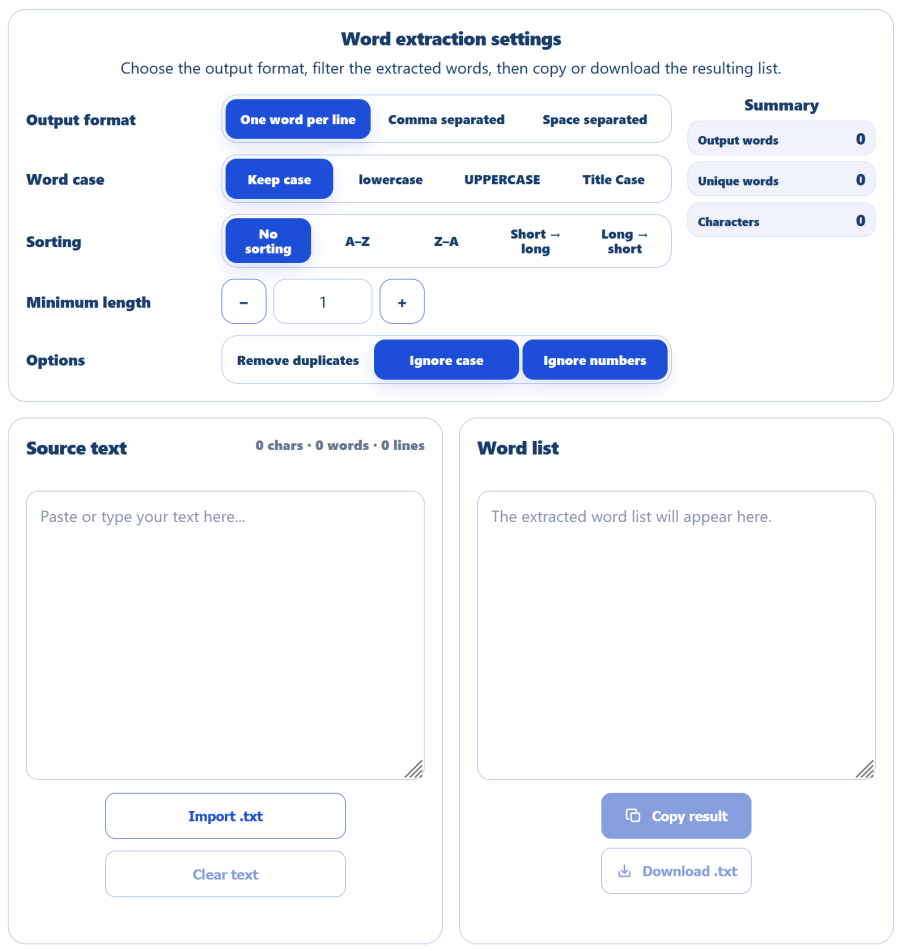 AppErgo word extractor with output format, sorting, minimum length and letter case options