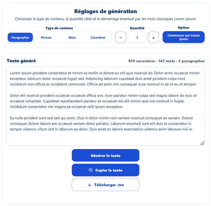 Générateur Lorem Ipsum AppErgo avec choix du type de contenu, nombre de paragraphes et texte généré