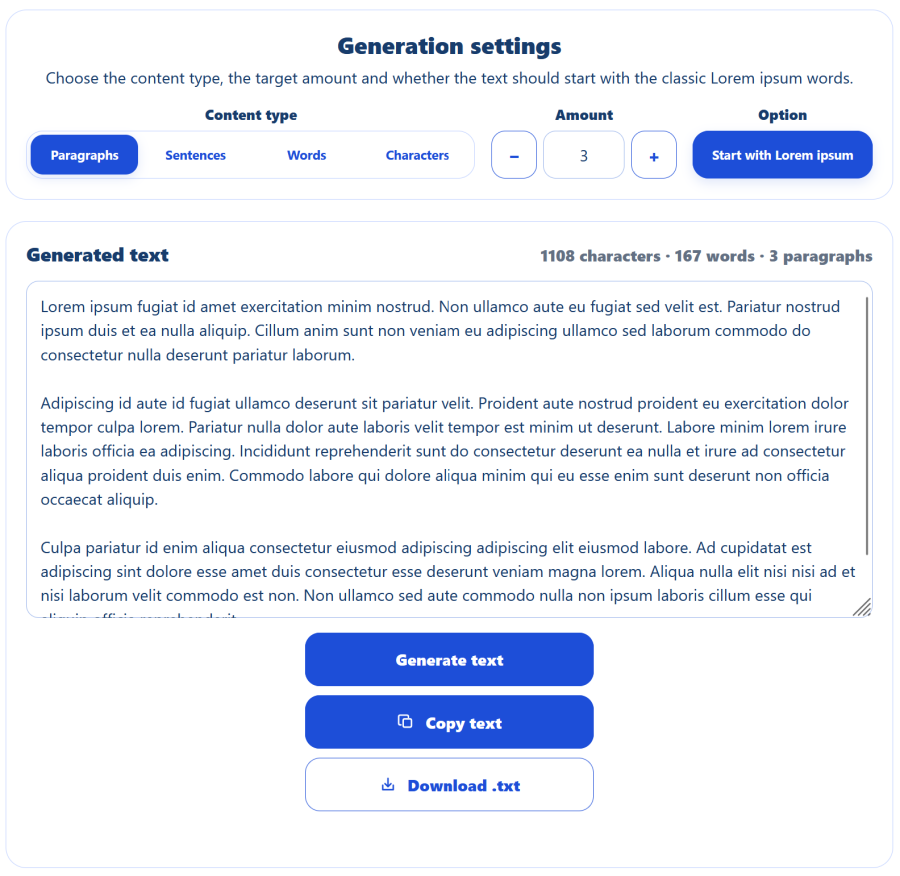 AppErgo Lorem Ipsum generator with content type selection, paragraph count and generated placeholder text