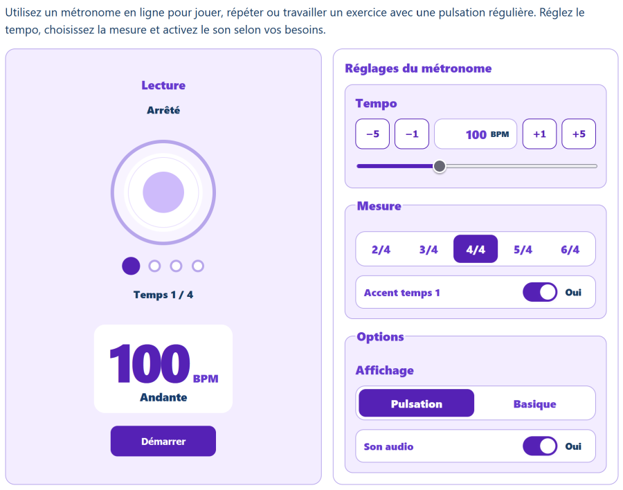 Métronome AppErgo réglé à 100 BPM en 4/4 avec options d’accent, de décompte et d’affichage