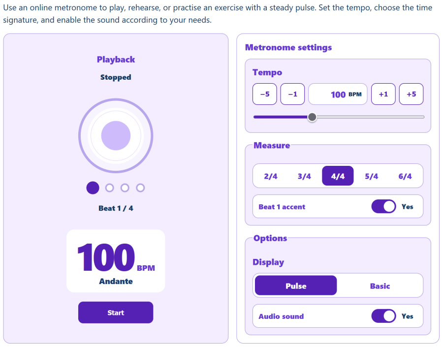 AppErgo metronome set to 100 BPM in 4/4 with accent, count-in and display options