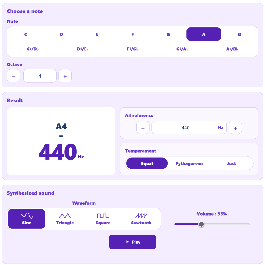 AppErgo advanced note frequency tool showing A4 at 440 Hz with A4 reference, temperament and synthesized sound settings