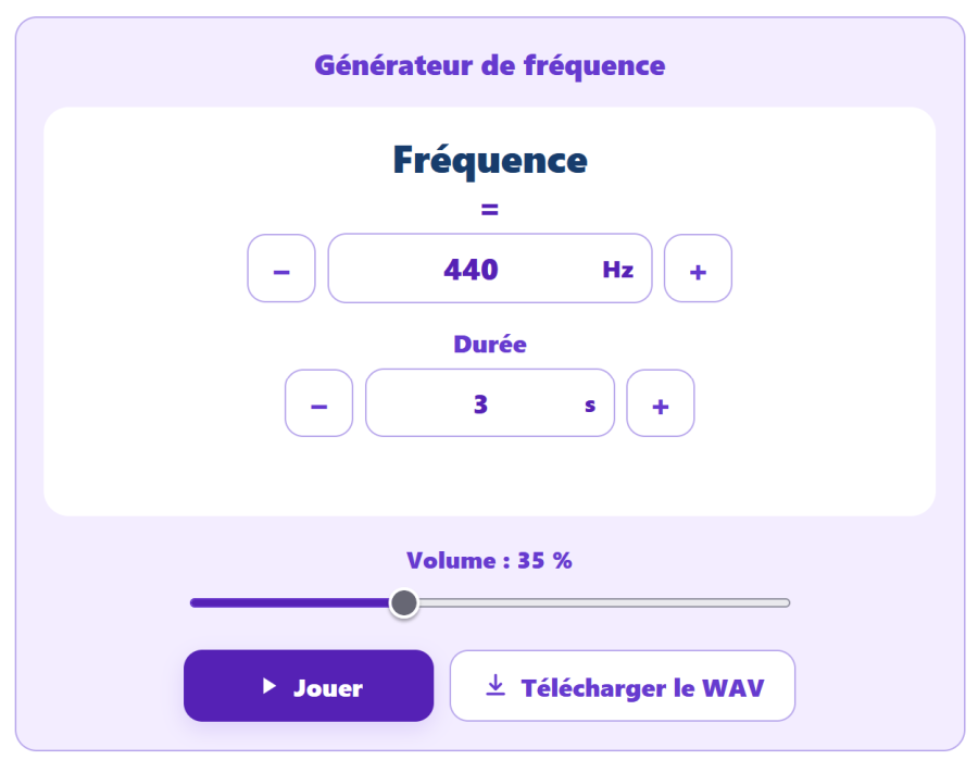 Générateur de fréquence AppErgo réglé sur 440 Hz pendant 3 secondes avec un volume de 35 pour cent