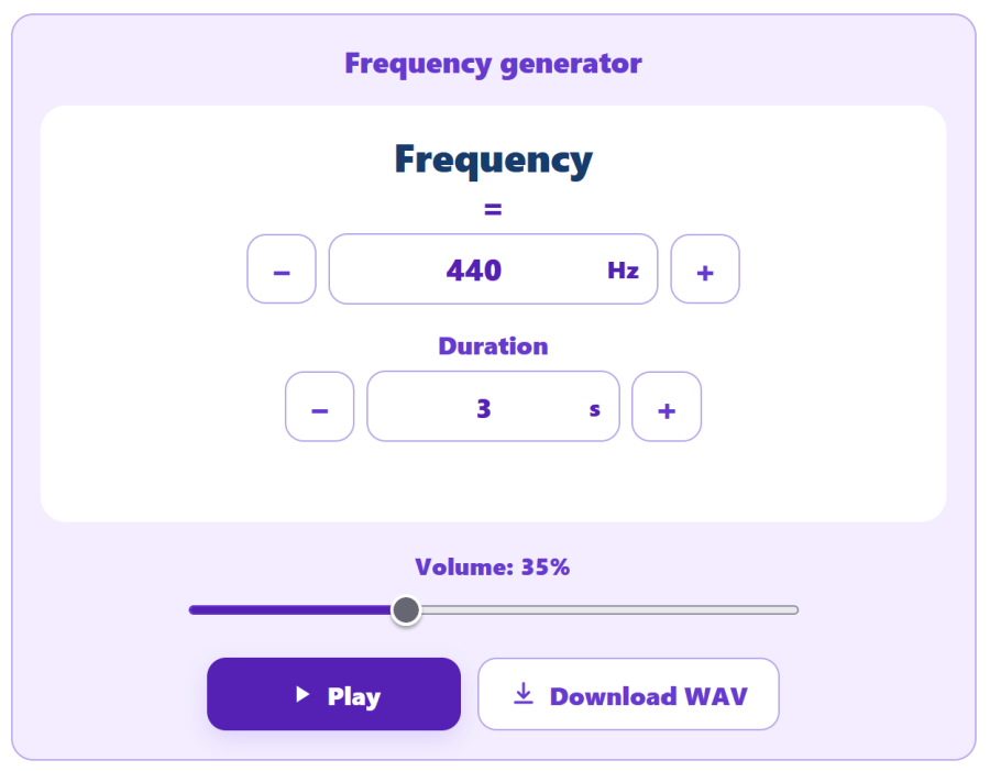 AppErgo frequency generator set to 440 Hz for 3 seconds with the volume at 35 percent