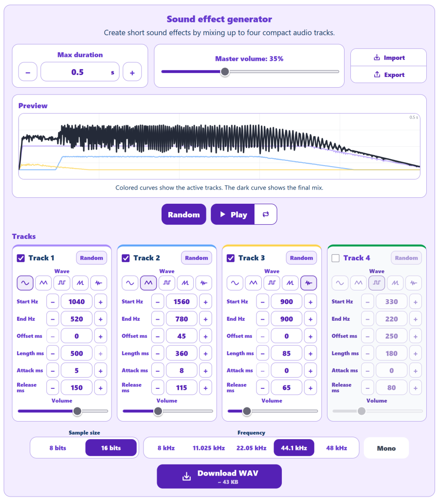 AppErgo sound effect editor with waveform preview, four editable tracks and WAV export