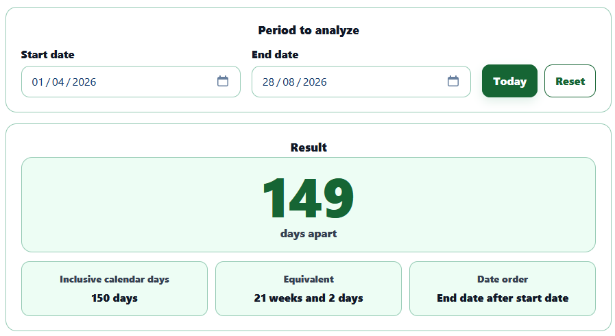 AppErgo date calculator showing 149 days between April 1 and August 28, 2026