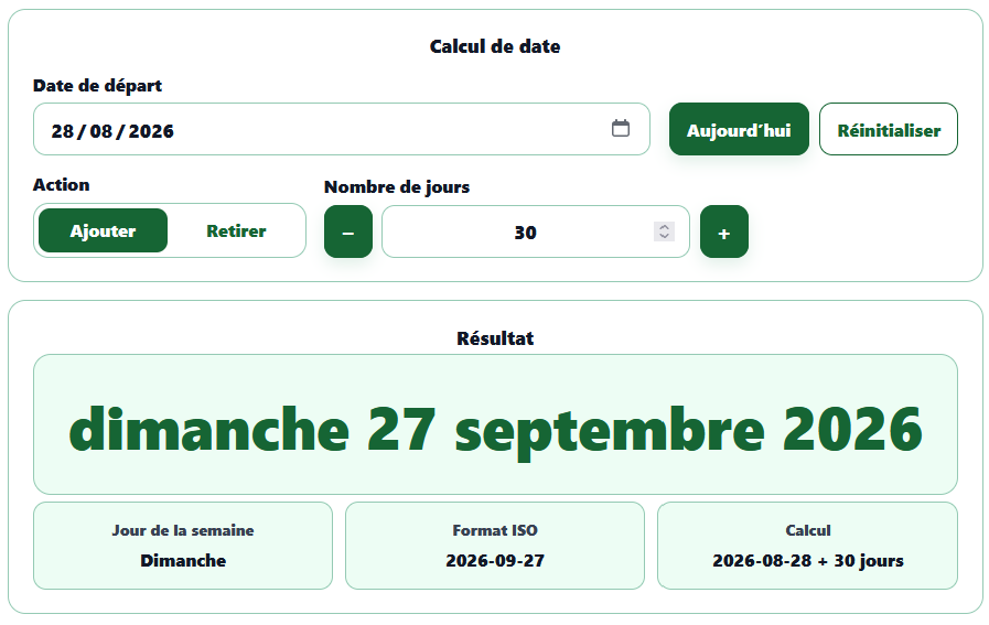 Calculateur de date AppErgo ajoutant 30 jours au 28 août 2026 pour obtenir le 27 septembre 2026