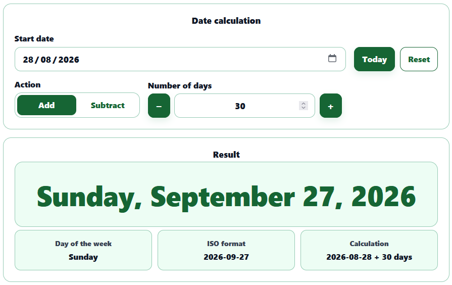 AppErgo date calculator adding 30 days to August 28, 2026 to get September 27, 2026