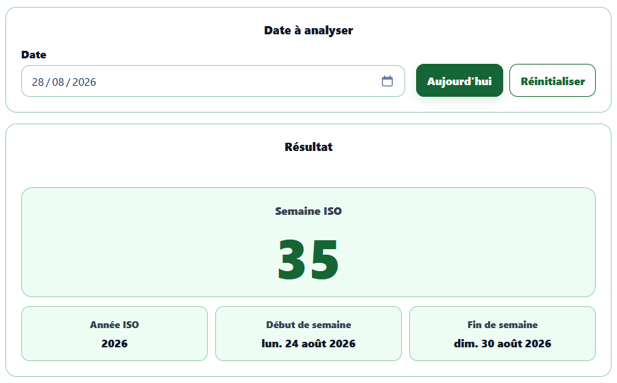 Calculateur de semaine AppErgo indiquant que le 28 août 2026 appartient à la semaine ISO 35