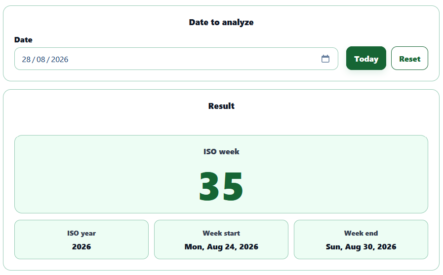 AppErgo week calculator showing that August 28, 2026 falls in ISO week 35
