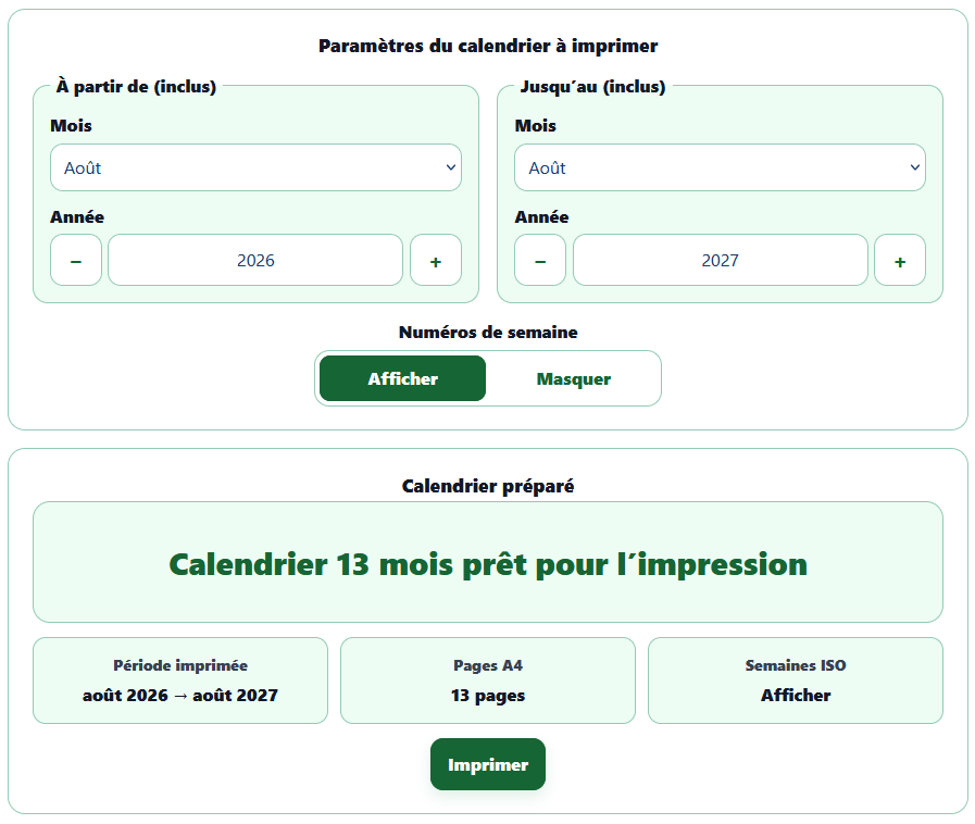 Outil AppErgo préparant un calendrier imprimable de 13 mois d’août 2026 à août 2027