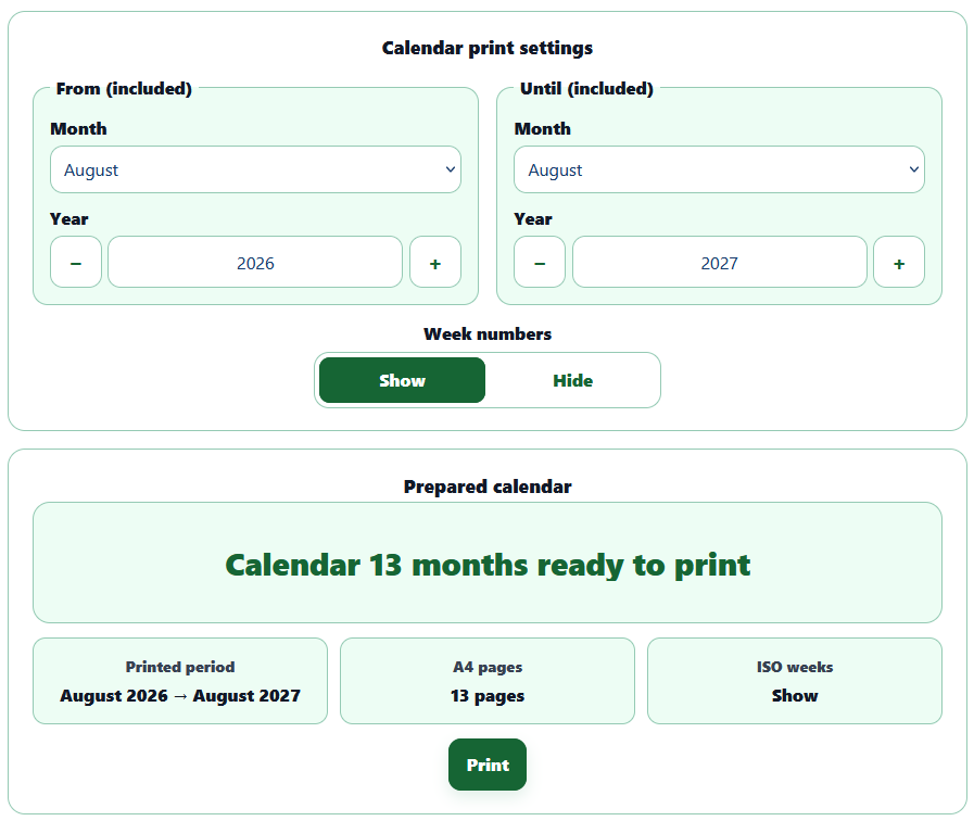 AppErgo tool preparing a printable 13-month calendar from August 2026 to August 2027