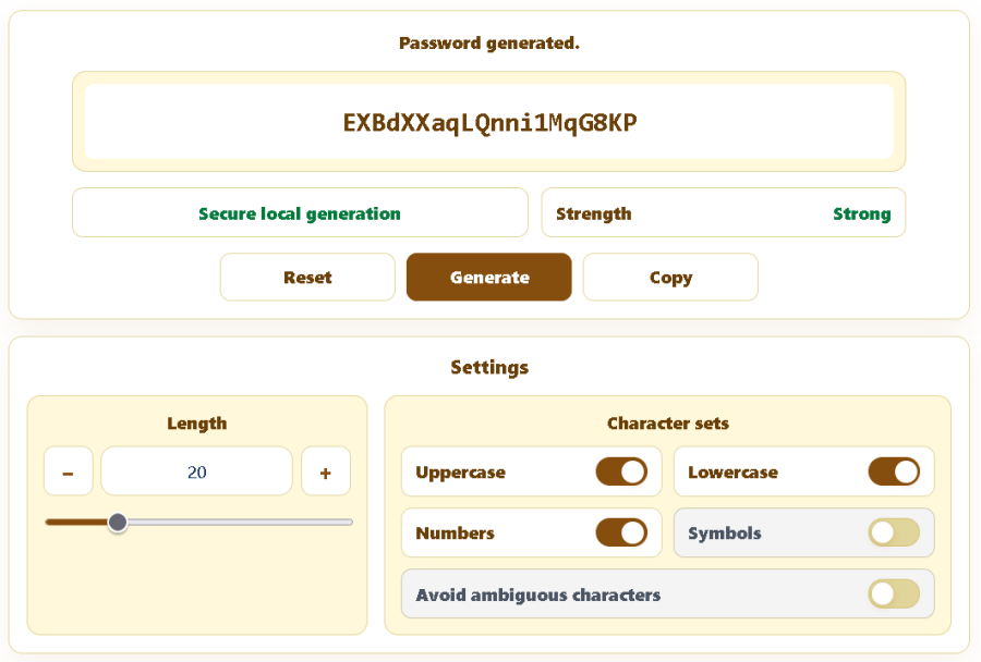 AppErgo password generator with length, uppercase, lowercase, number and symbol settings
