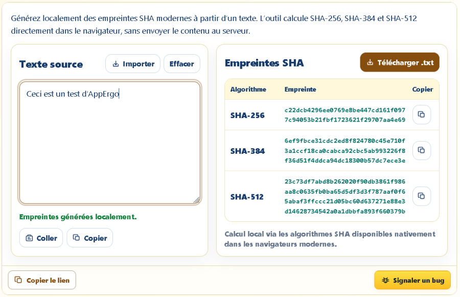 Outil AppErgo générant localement les empreintes SHA-256, SHA-384 et SHA-512 d’un texte