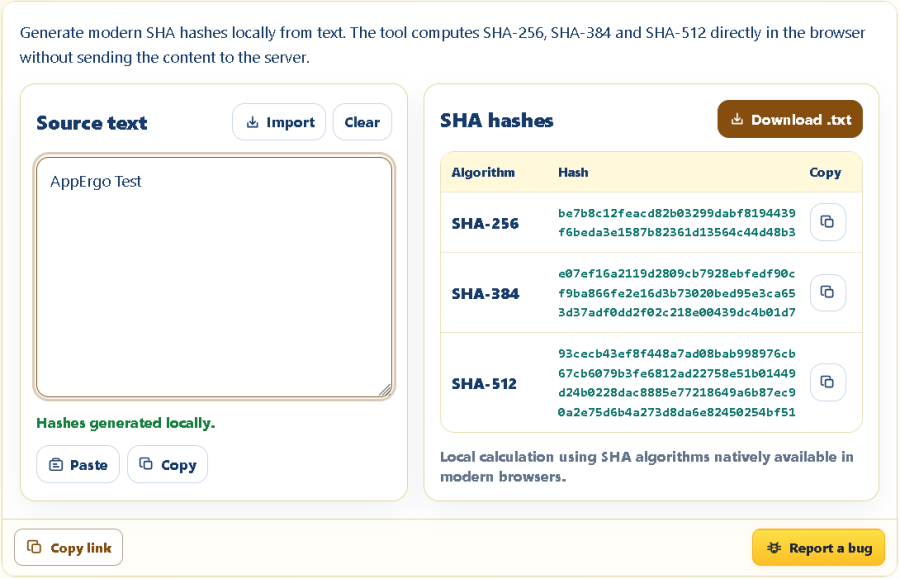 AppErgo tool generating SHA-256, SHA-384 and SHA-512 hashes locally from text