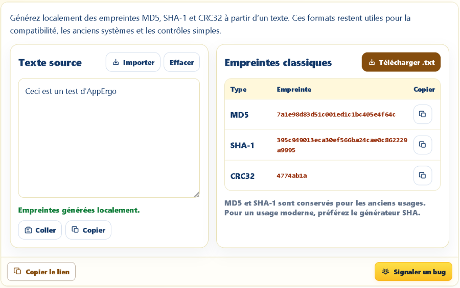 Outil AppErgo affichant les empreintes MD5, SHA-1 et CRC32 calculées à partir d’un texte
