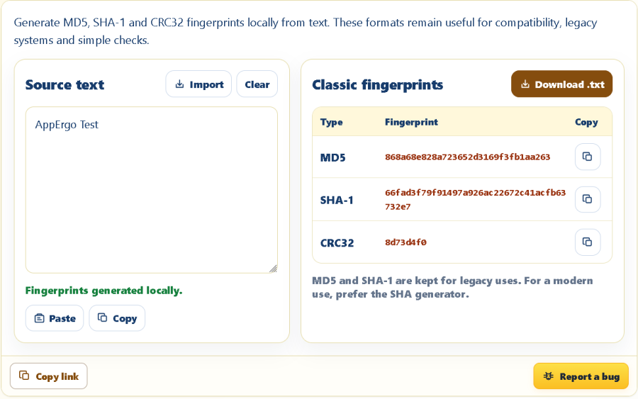 AppErgo tool showing MD5, SHA-1 and CRC32 fingerprints calculated from text