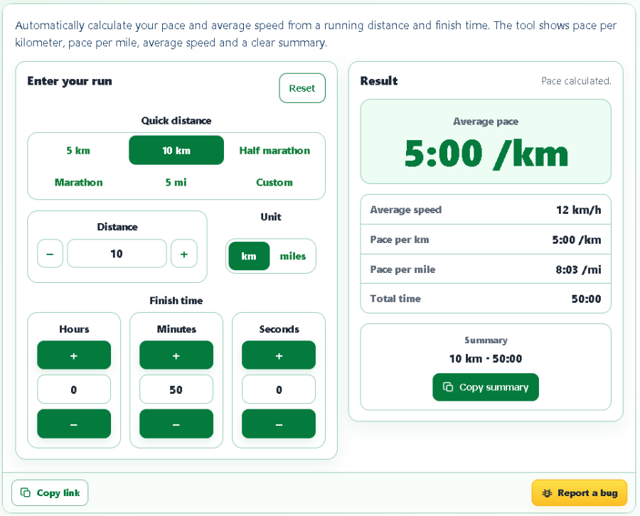 AppErgo running pace calculator showing a 5:00 per kilometer pace and 12 km/h for a 50-minute 10K