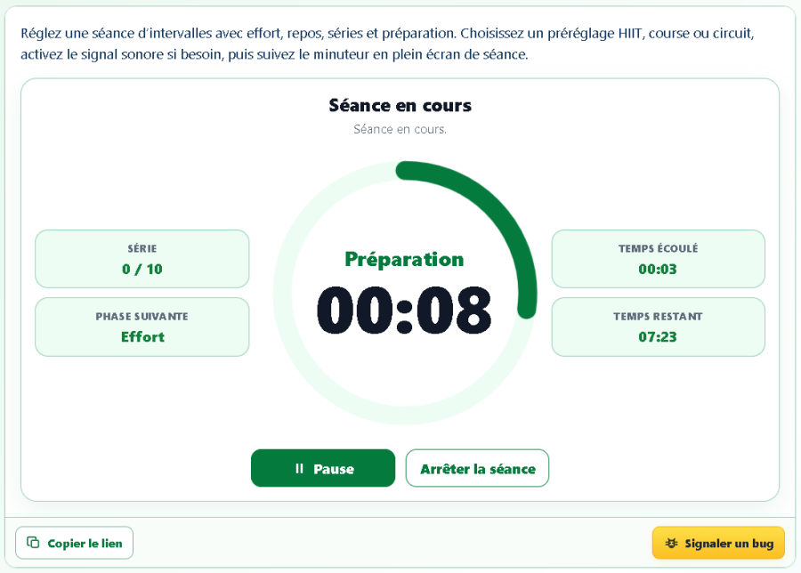 Minuteur d’entraînement par intervalles AppErgo pendant la phase de préparation d’une séance