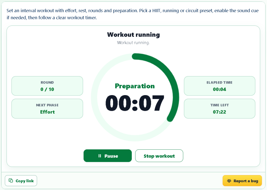 AppErgo interval workout timer during the preparation phase of a training session