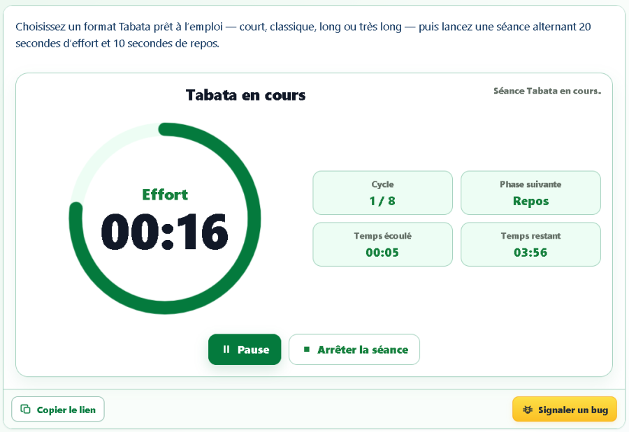 Minuteur Tabata AppErgo en phase d’effort avec cycle 1 sur 8 et temps restant