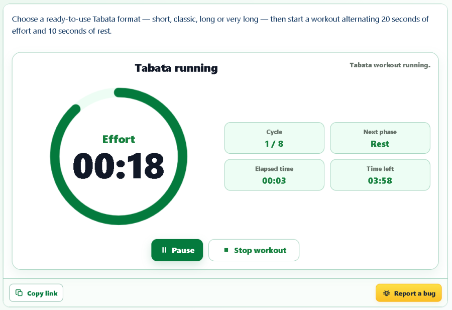 AppErgo Tabata timer in the effort phase showing cycle 1 of 8 and remaining time