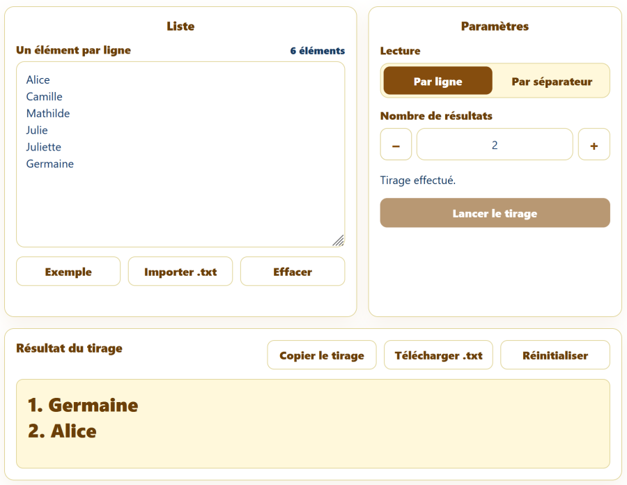 Outil de tirage au sort AppErgo sélectionnant 2 noms parmi une liste de 6 participants