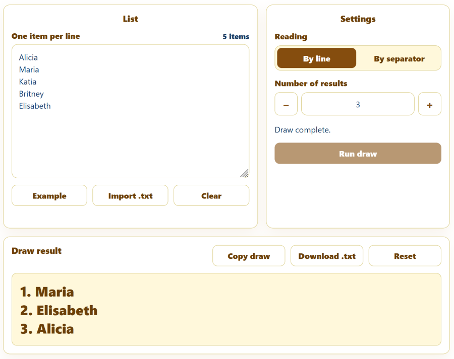 AppErgo random draw tool selecting 3 names from a list of 5 participants