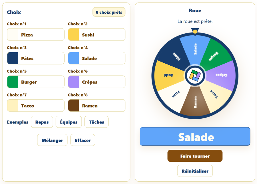 Roue aléatoire AppErgo affichant plusieurs choix de repas avec Salade comme résultat