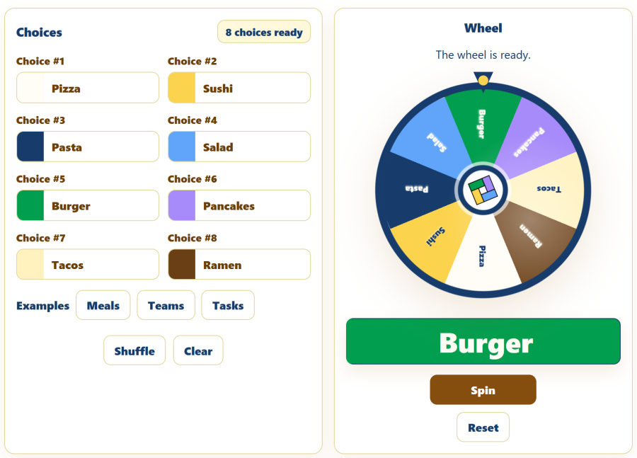 AppErgo random wheel showing several meal choices with Burger as the selected result