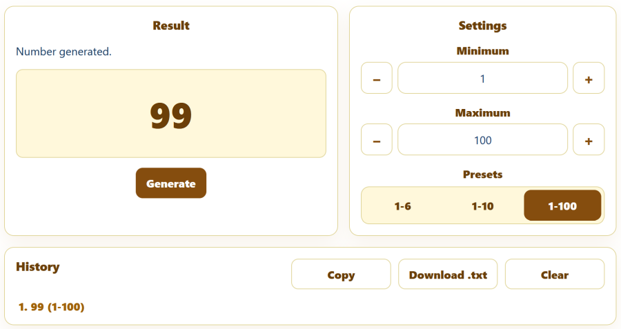 AppErgo random number generator displaying 99 within a defined range of 1 to 100