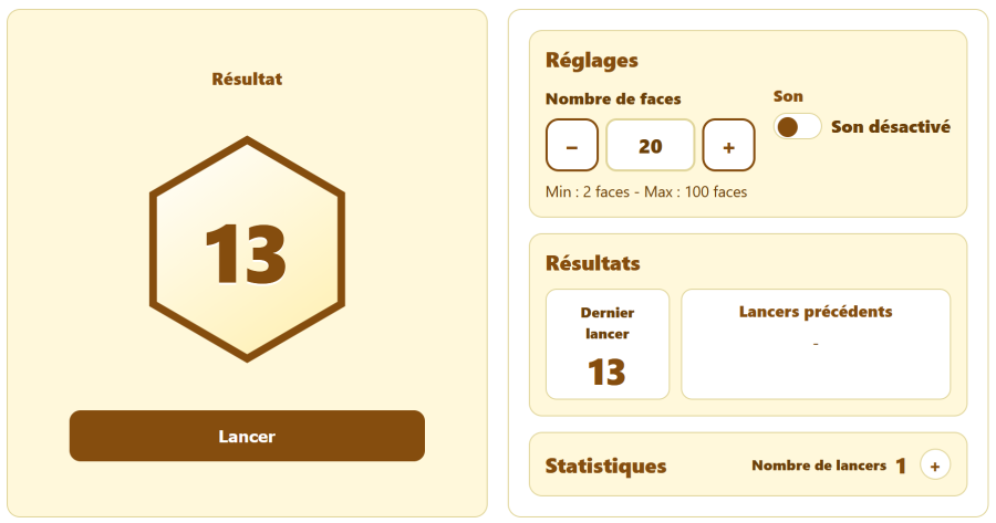 Lanceur de dé multiface AppErgo affichant un résultat de 13 sur un dé à 20 faces