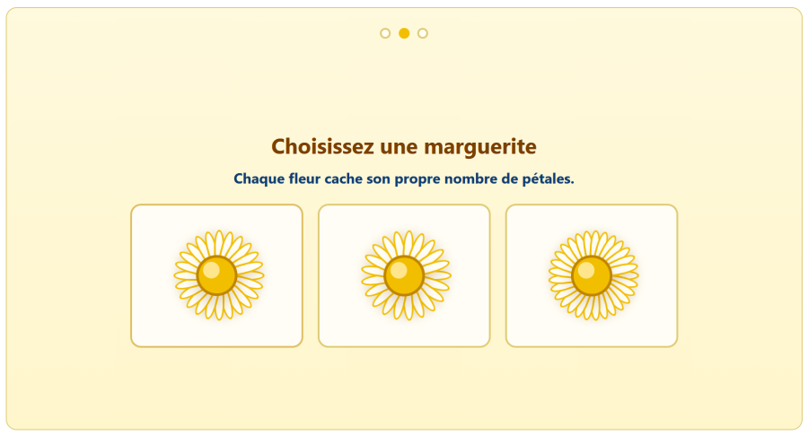 Jeu Effeuiller la marguerite sur AppErgo proposant trois fleurs avec un nombre de pétales caché