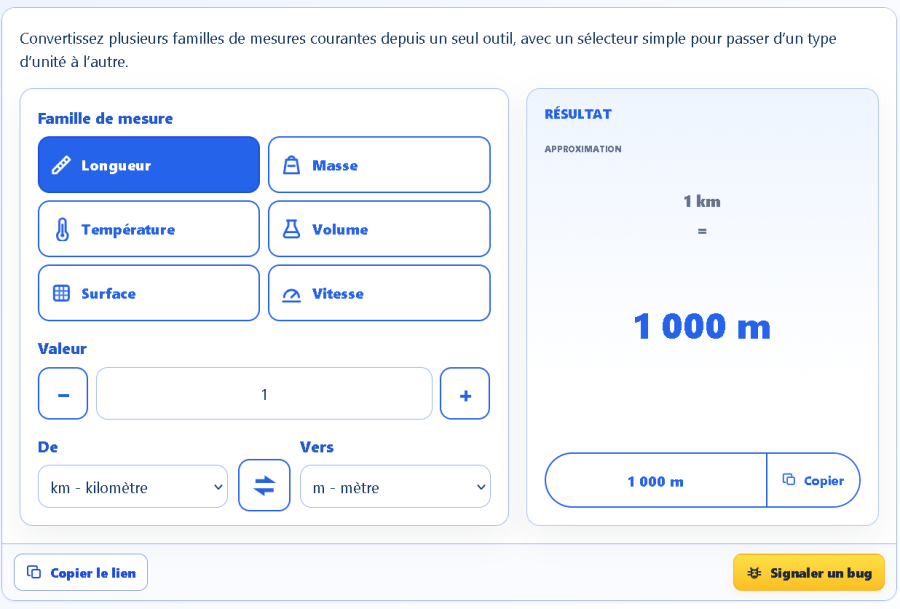 Convertisseur d’unités AppErgo réglé pour convertir 1 km en 1 000 m
